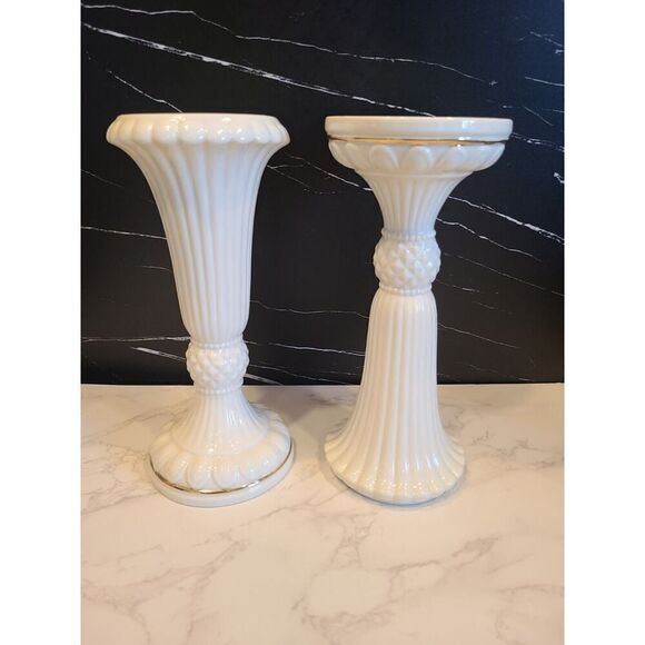 Lenox 10" Classic Ivory 24K Gold Trim Fluted Pillar Candle Holders Set of 2 EUC - Picture 6 of 8
